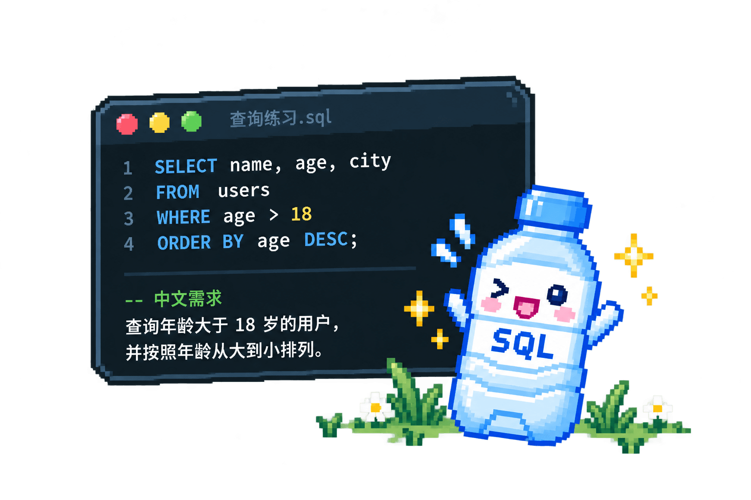 SQL 查询示例与鼓励学习的像素矿泉水瓶